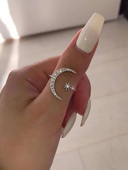 Rhinestone Star and Moon Cuff Ring